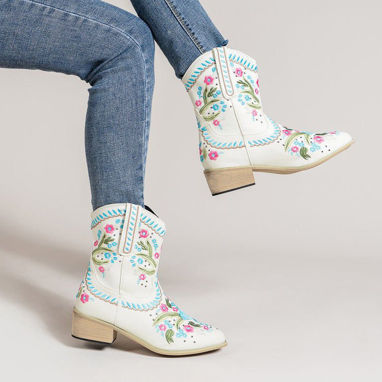 Flower embroidery white block heels cowboy boot for women Short western booties