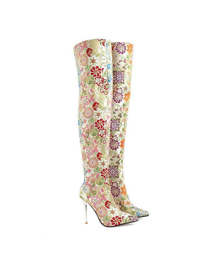 Blue gold retro flower embroidery stiletto thigh high boots pointed toe western over the knee boots