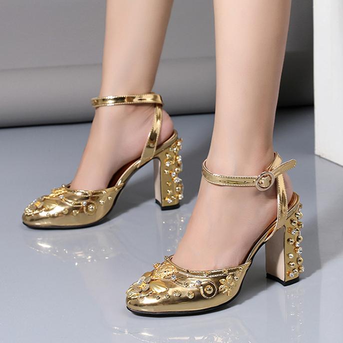 Women's gold silver studded metal mirror closed toe chunky high heels