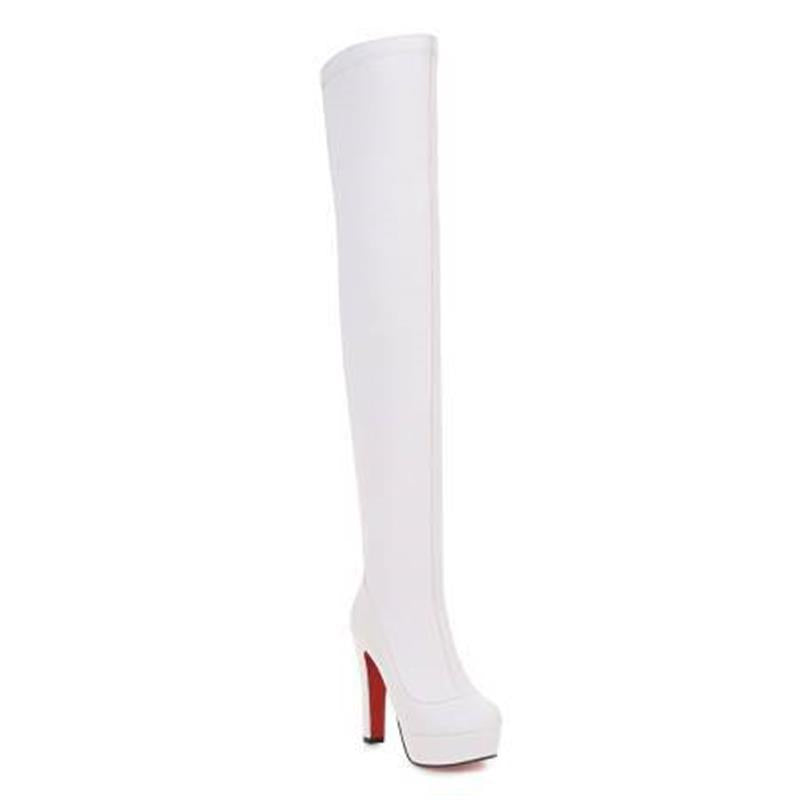 Women's chunky high heels thigh high boots leather slimming over the knee boots