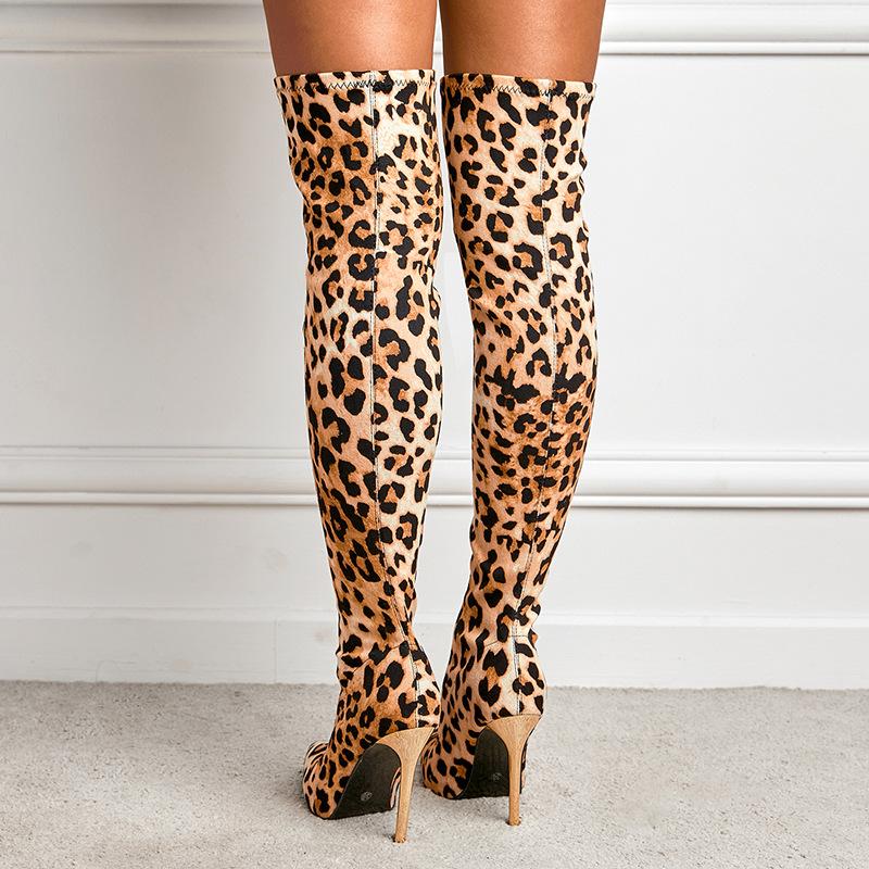 Women's sexy brown leopard stiletto thigh high boots