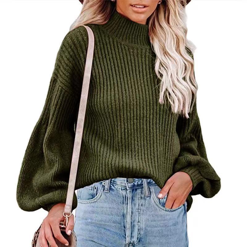 Women mock neck lantern sleeves pullover sweater