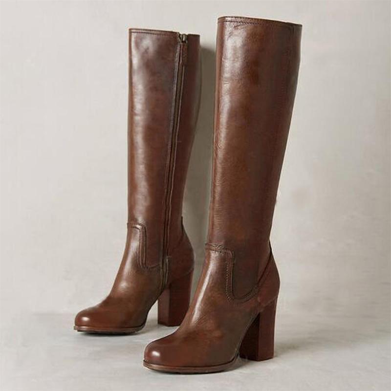 Women brown chunky block heel zipper boots