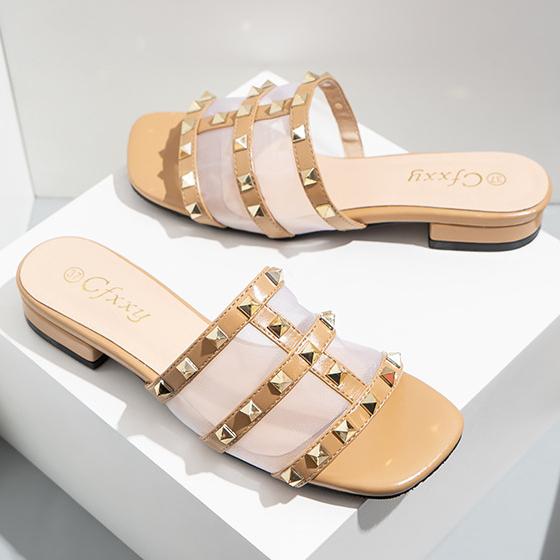 Women¡¯s open square toe low heel studded sandals
