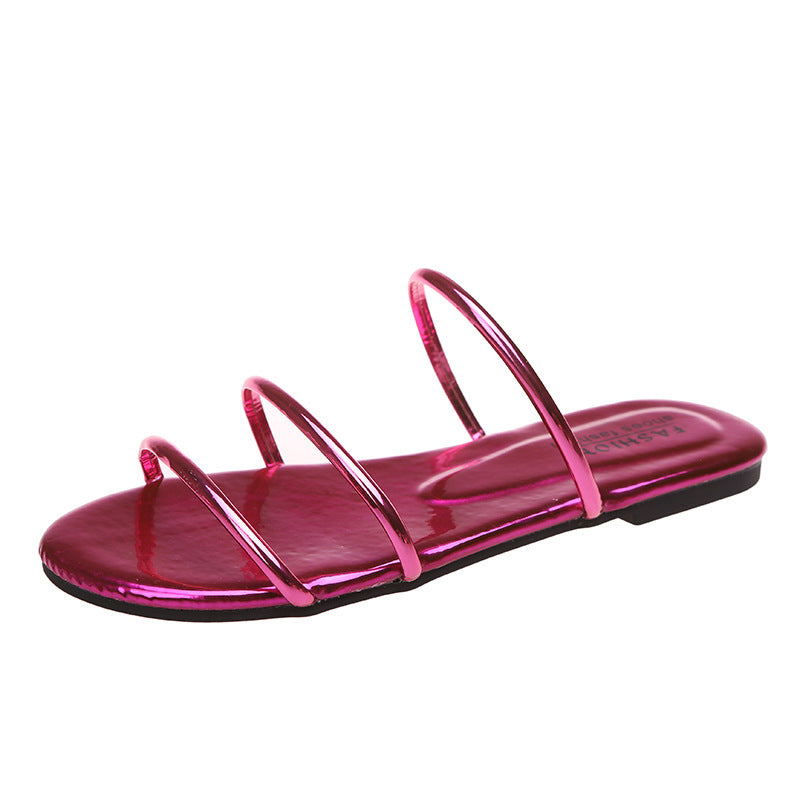 Women's metallic strappy slides Cute sandals 3 straps slide sandals