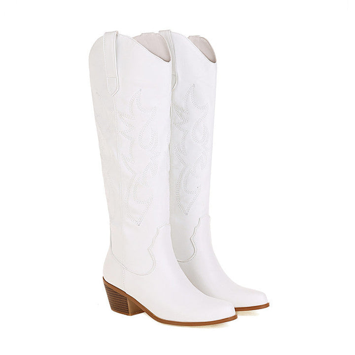 Embroidery pointed toe knee high cowboy boots Block heels knee high western boots