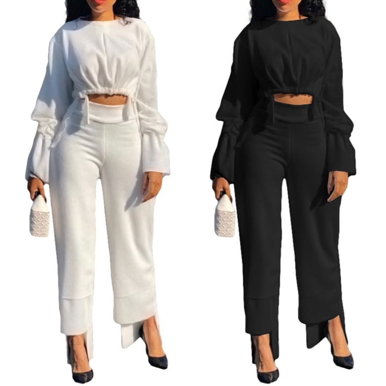 Women's long sleeves cropped ruched tops & long trousers 2 pieces outfits