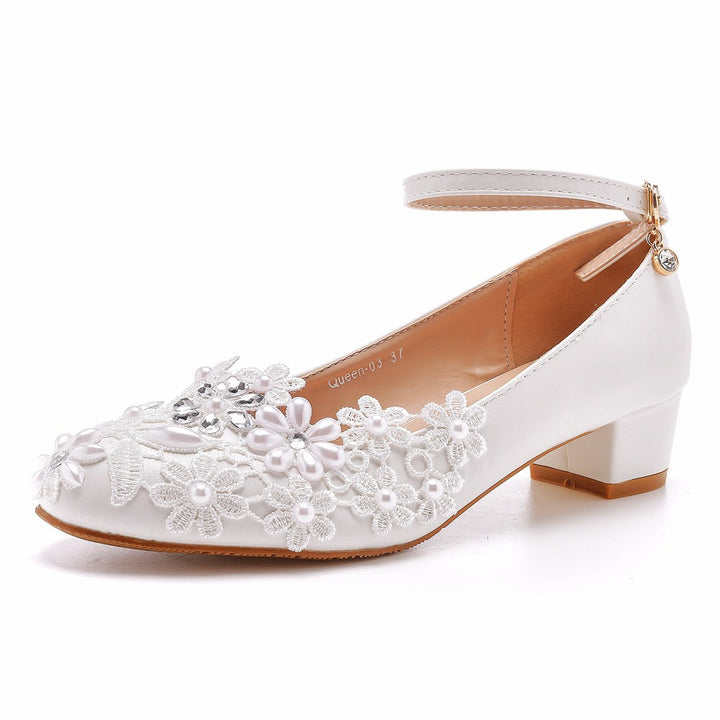 Women's white bridal pumps block heels low heels wedding shoes with ankle strap