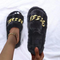 Women's fuzzy winter warm open toe indoor slippers with metal chain