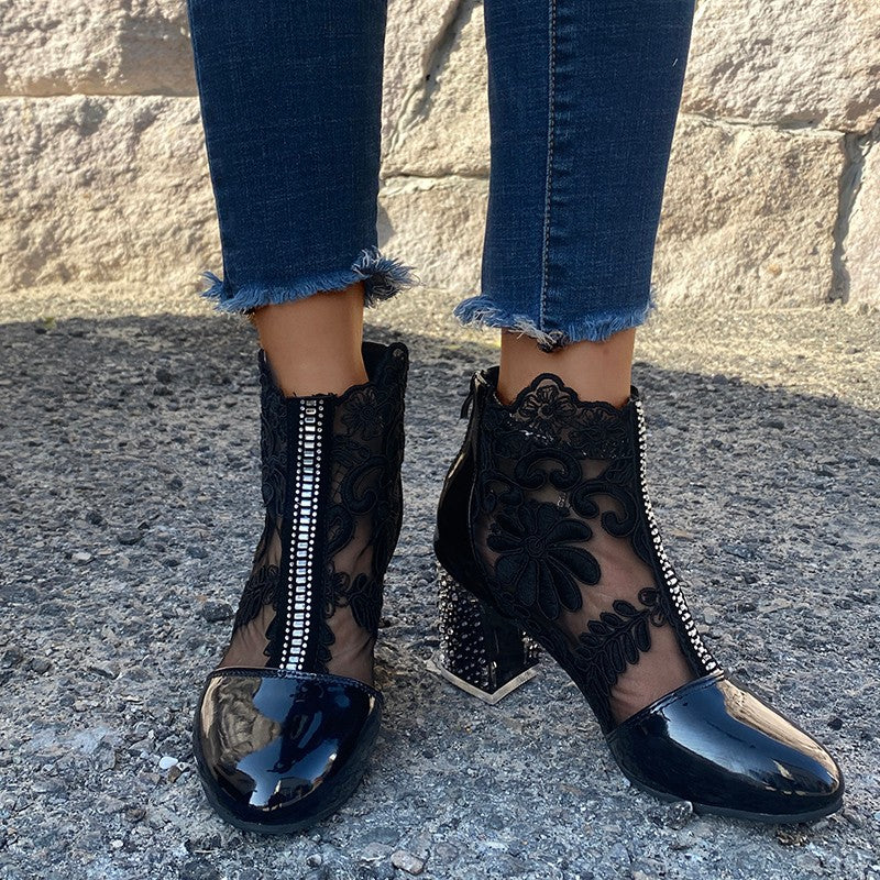 Women's floral mesh chunky block heel summer booties