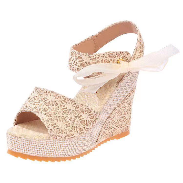 Women's floral lace side bowknot peep toe wedge sandals