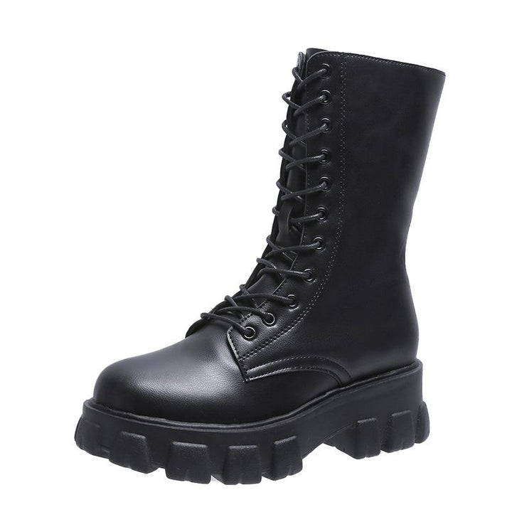 Women's chunky thick platform lace-up mid calf combat boots