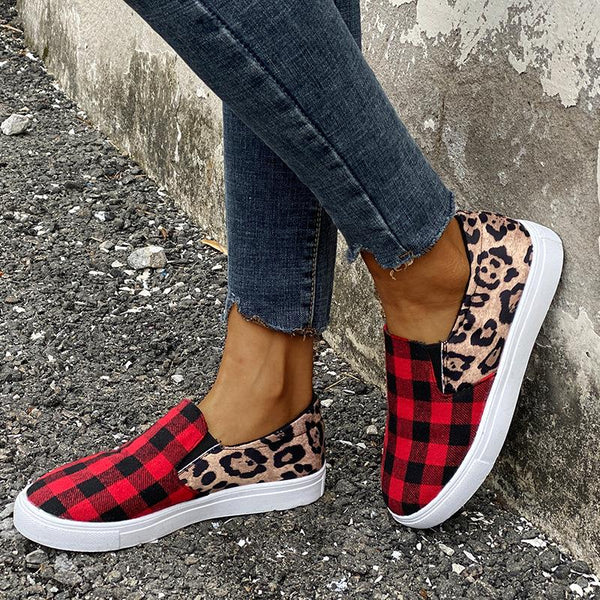 Women's black red plaid leopard patchwork slip on canvas shoes