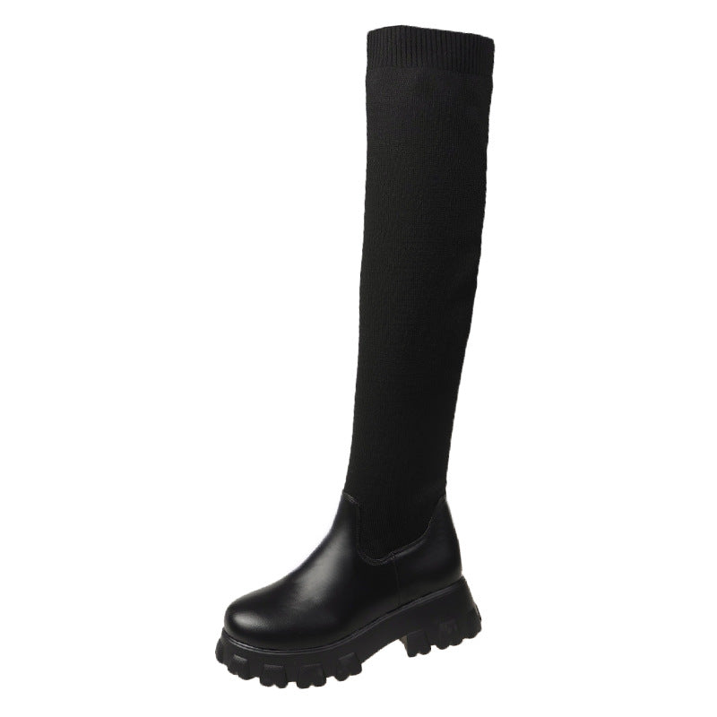 Women's stretchy knit thigh high boots chunky platform over the knee boots for winter