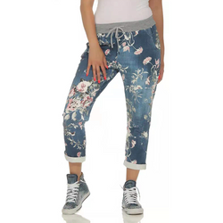 Women's vintage flower print elastic waistband straight leg jeans