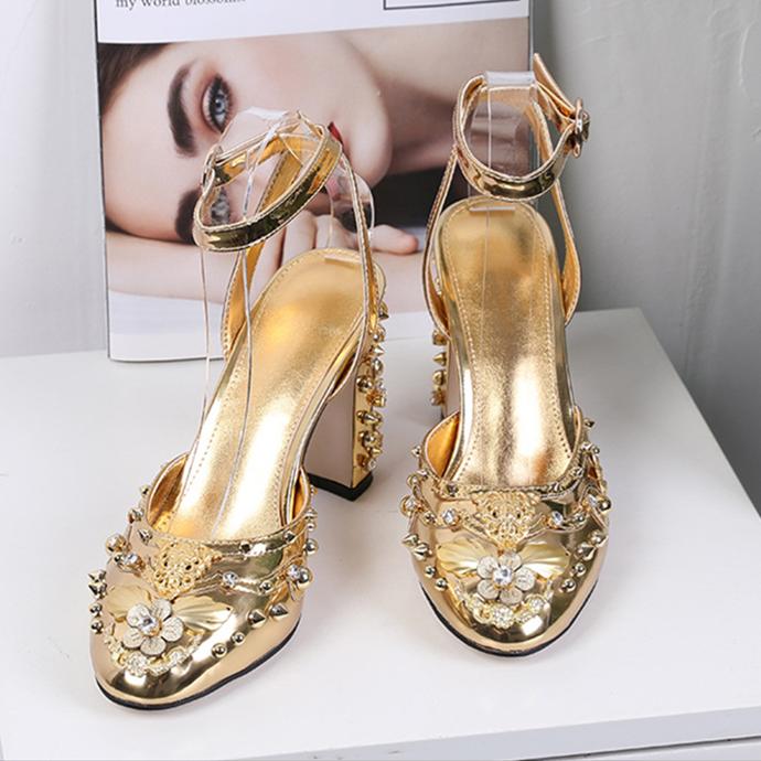 Women's gold silver studded metal mirror closed toe chunky high heels