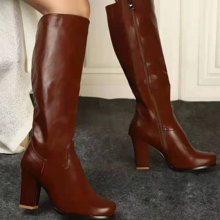 Brown chunky high heel knee high dress boots