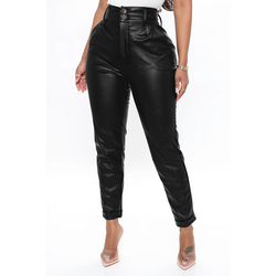 Women's PU leather high waist button high waist pencil pants