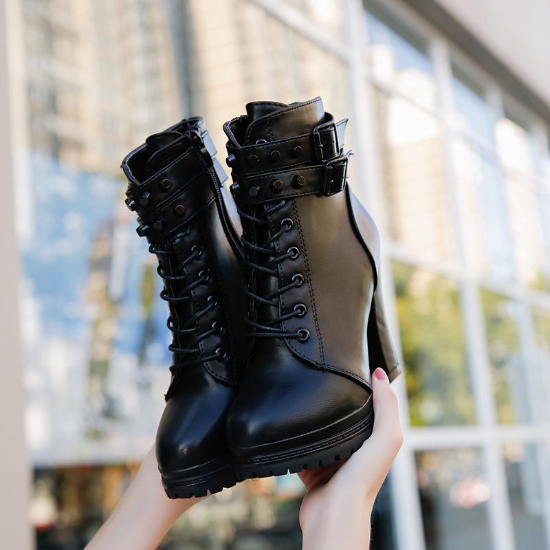 Women's chunky high heel buckle strap combat boots