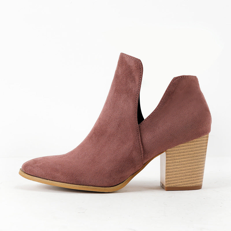 Women's faux suede stack heeled booties slip on v-cut ankle boots Chelsea booties