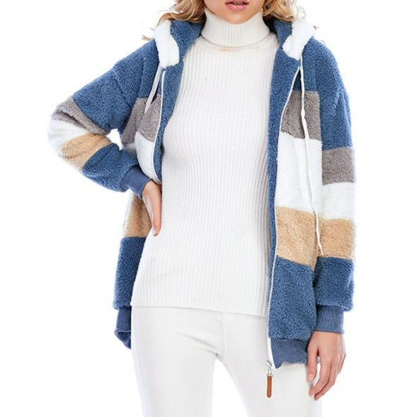 Women faux shearling striped fluffy winter warm zip up coat outerwear
