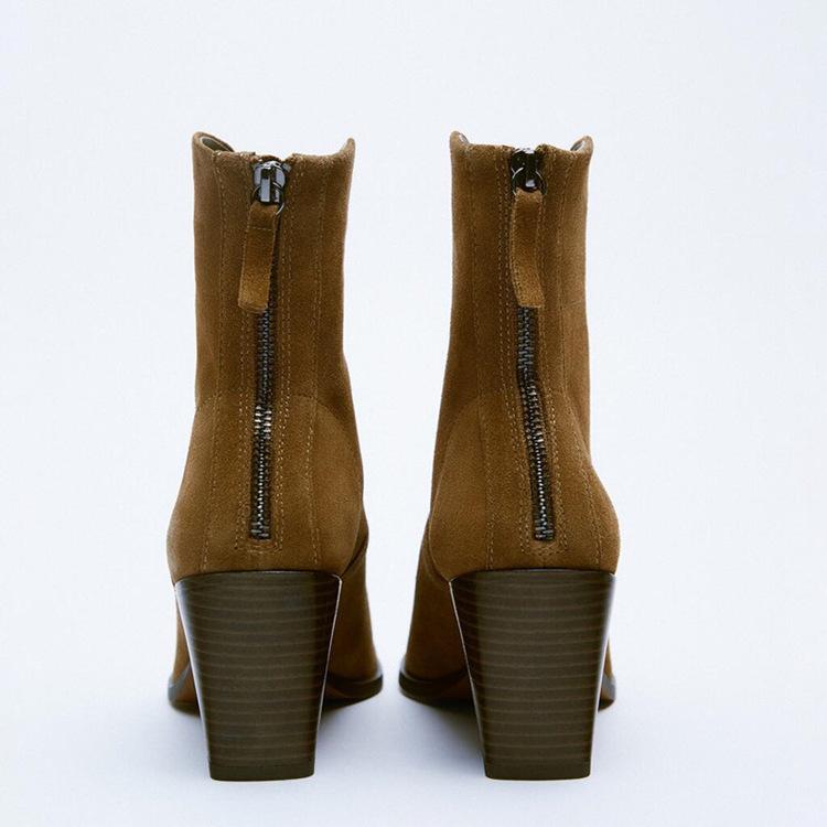 Brown block heel booties with back zipper