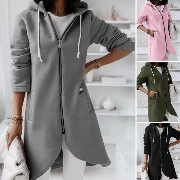Irregular trim zip-up hoodies with pockets longline drawstring sweatshirts for women