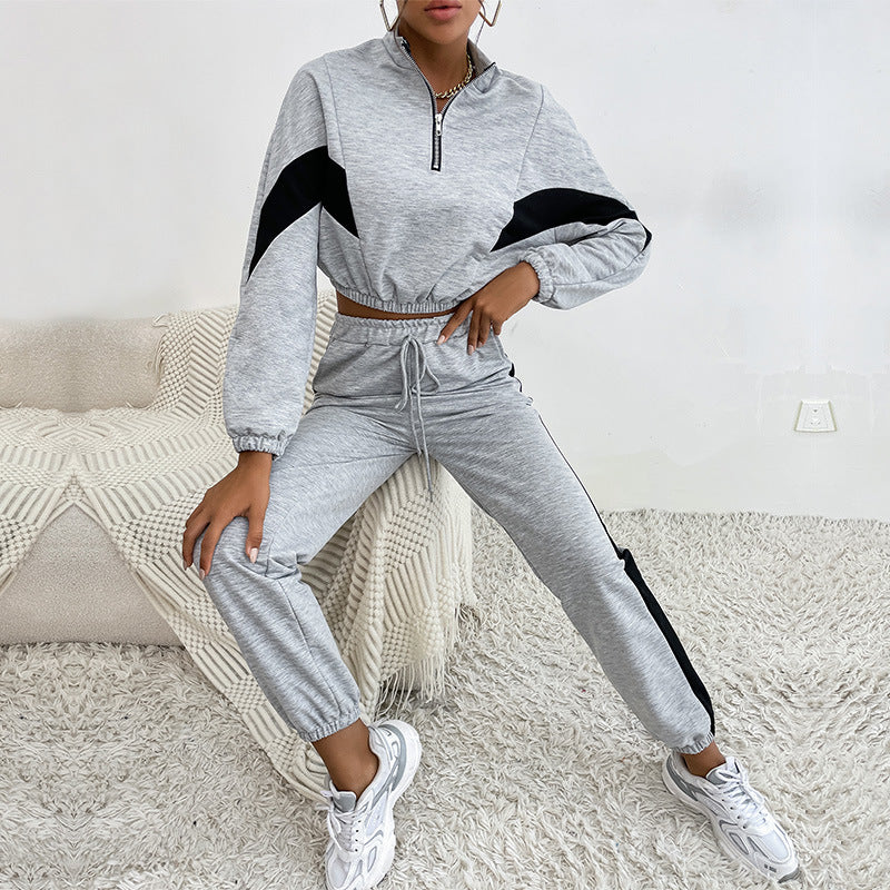 Women's gray cropped sweatshirts & long sweatpants 2 pieces workout fitness tracksuits