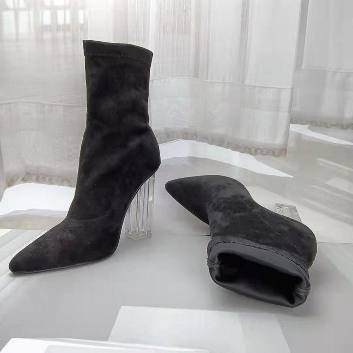 Sexy clear high heels faux suede booties