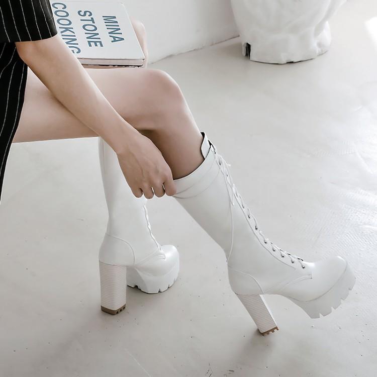 Women warm lining front lace knee high chunky high heel boots