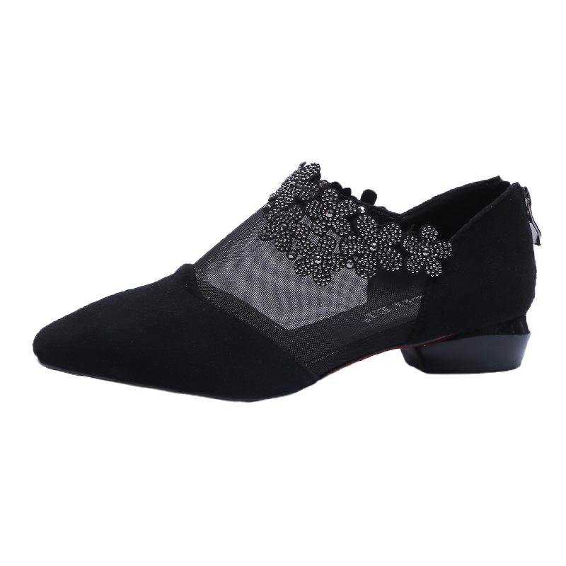 Crystal flower black mesh pointd toe low heel sandals