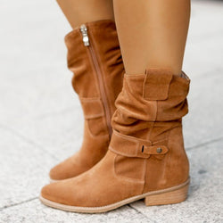 Faux suede low heel mid calf slouch boots