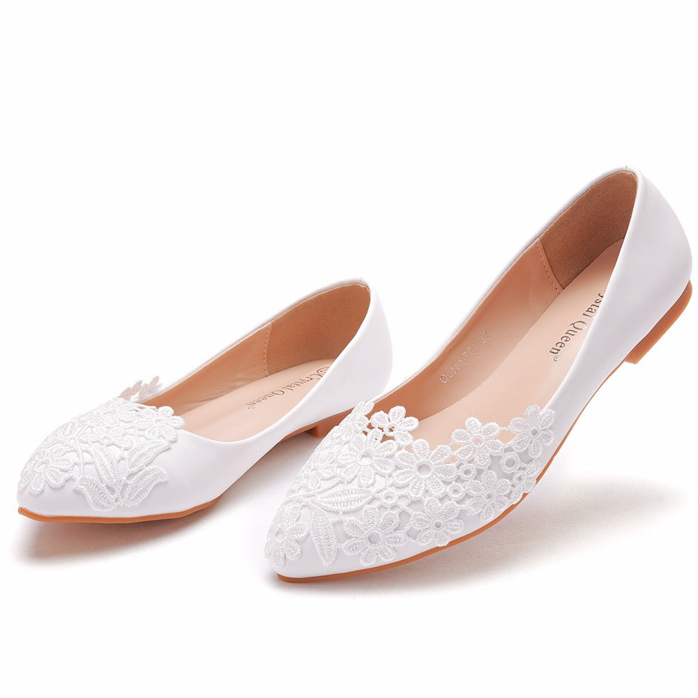 Women's white lace wedding flats | low heel bridal shoes