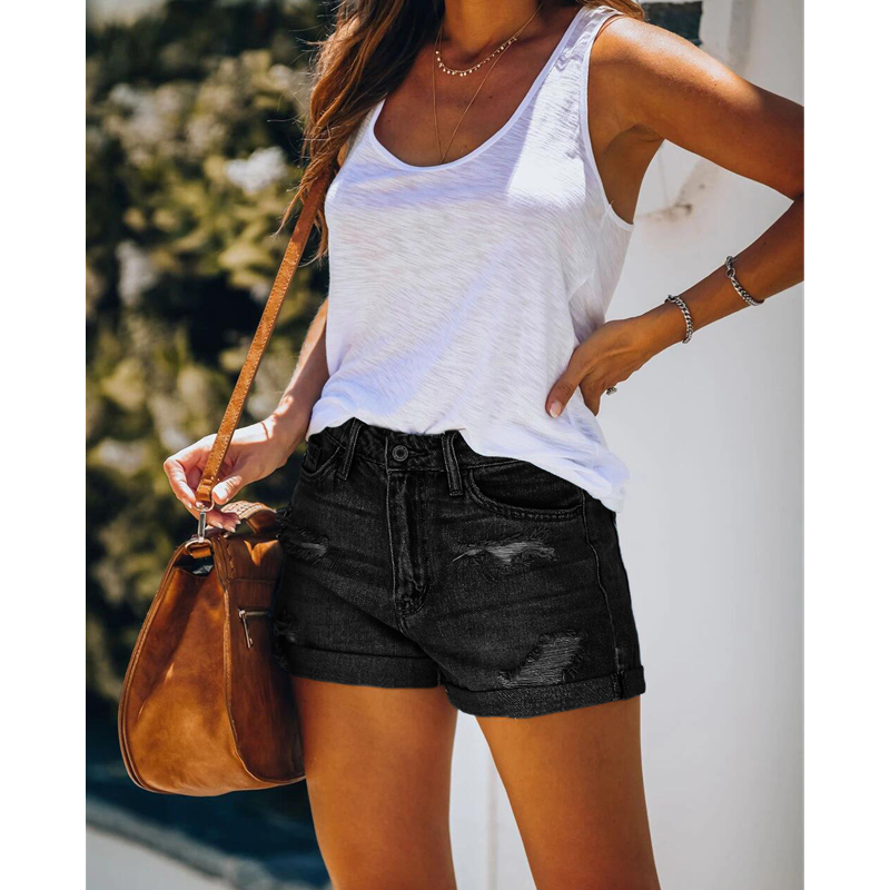 Women's ripped distressed short jeans mid rise denim shorts