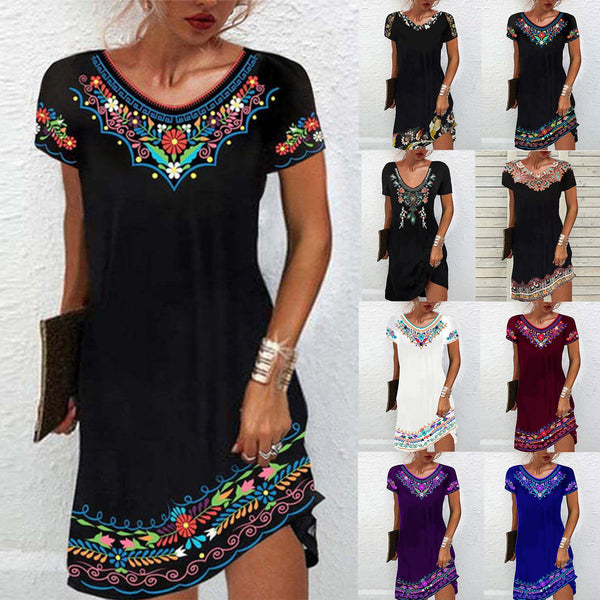 Ethnic floral print short sleeves shift dress Summer boho beach dress