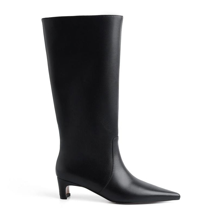 Women leather wide calf chunky medium heel pointed toe long boots