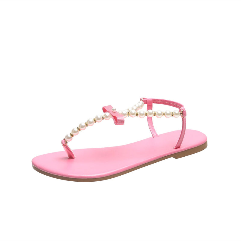 Women's cute pearls clip toe T-strap sandals | Summer beach flip flop sandals
