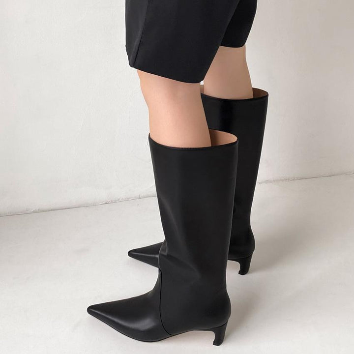 Women leather wide calf chunky medium heel pointed toe long boots