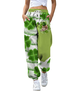 Women's green printed drawstring elastic waistband sweatpants