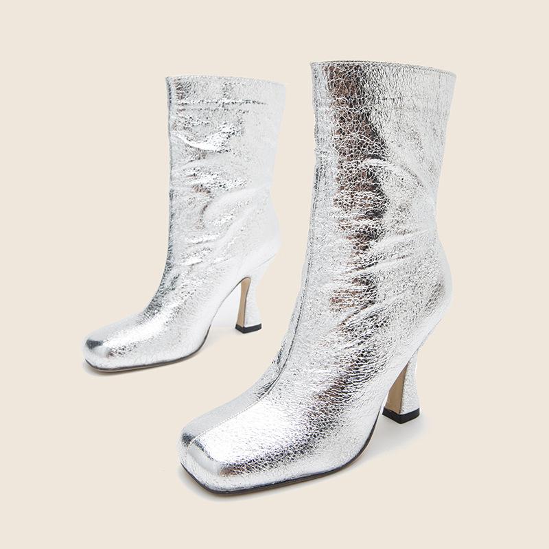 Metallic shining square toe high heels mid calf boots for party
