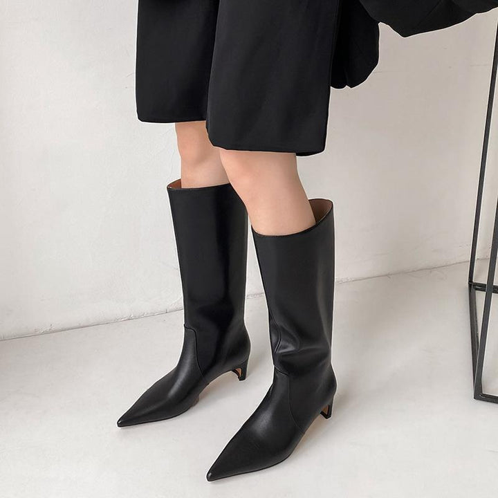 Women leather wide calf chunky medium heel pointed toe long boots