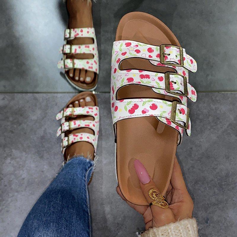 Women's 3 buckle bands printed slide sandals