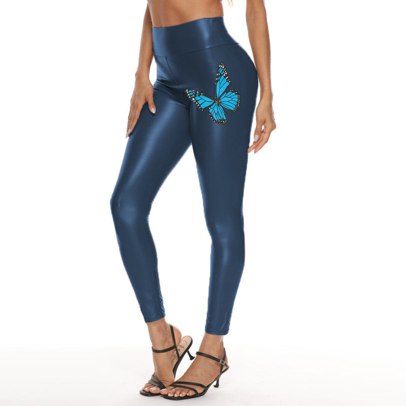 Butterfly print faux leather leggings for women