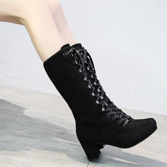 Faux suede lace-up chunky high heel tall boots for women