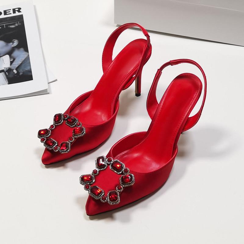 Women's red pointed closed toe slingback heels pump sandals for wedding
