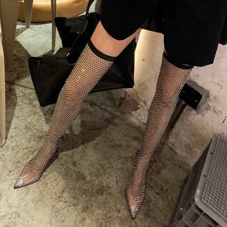 Sexy rhinestone fishnet boots for party nightclub