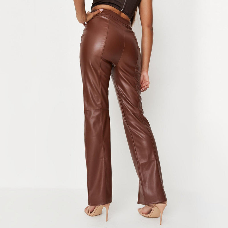 Women's faux leather slit hem pants | PU leather bell bottom flare pants