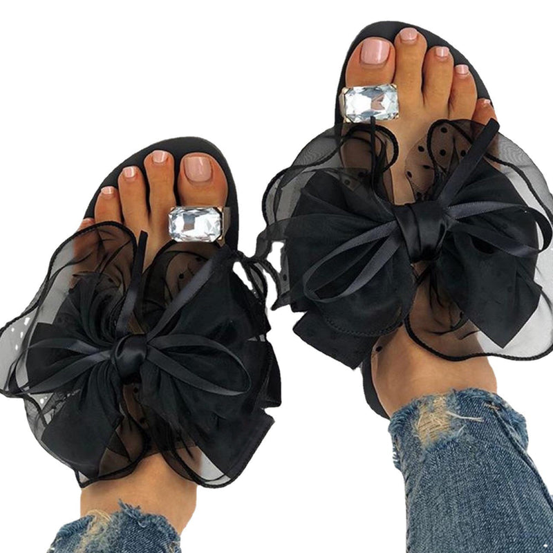 Sweet mesh lace bowknot ring toe slippers | Summer flat beach slides