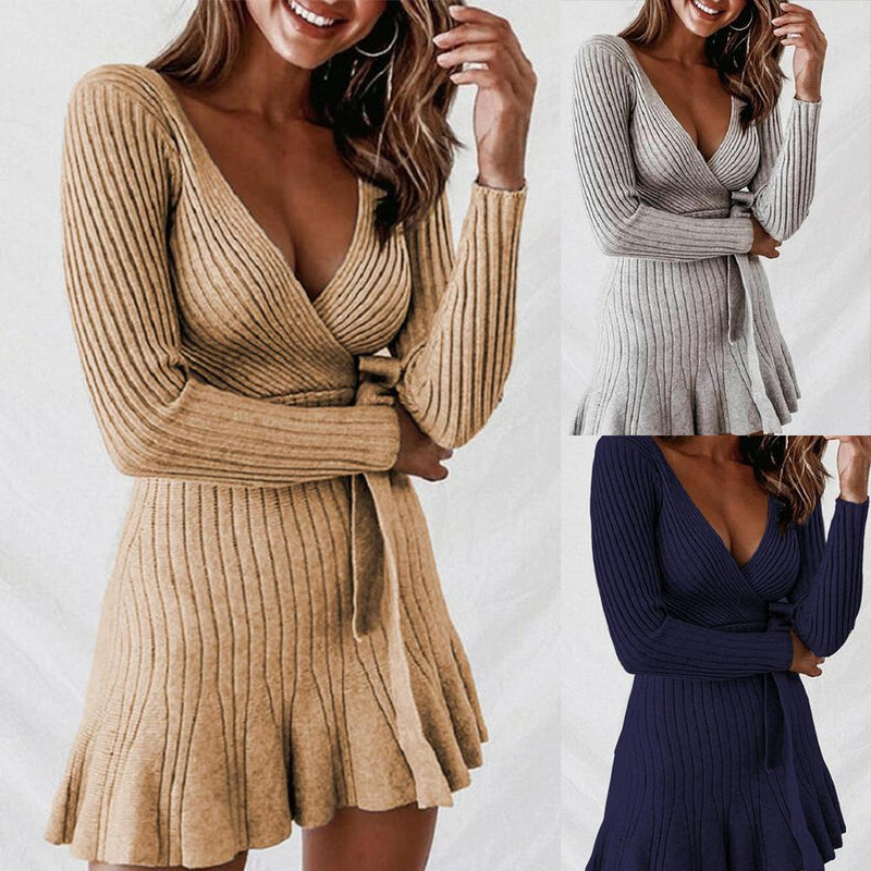 Sexy v neck knitted wrap sweater dress with belt