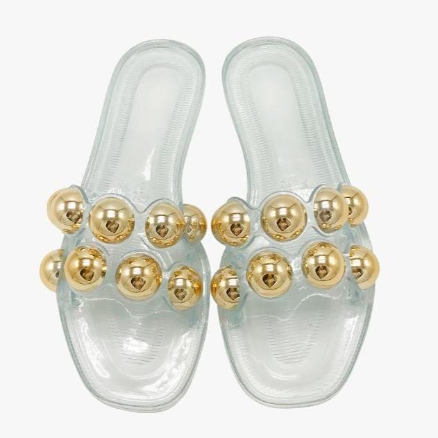 Women's metal pearls jelly slide sandals peep toe cute slippers